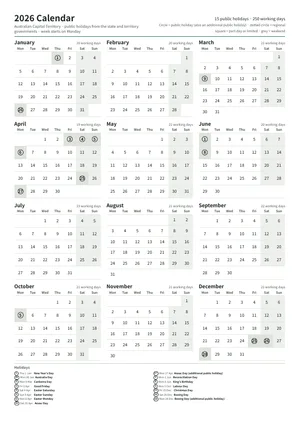 First page: Year calendar, A4 portrait
