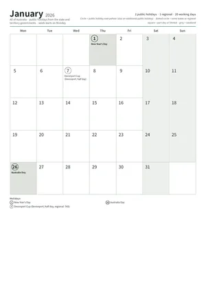 First page: Monthly calendar, A4 (12 pages)