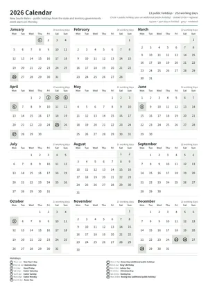 First page: Year calendar, A4 portrait