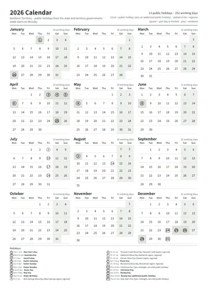 First page: Year calendar, A4 portrait