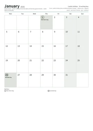 First page: Monthly calendar, A4 (12 pages)