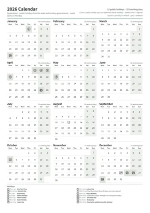 First page: Year calendar, A4 portrait