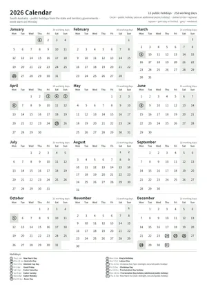 First page: Year calendar, A4 portrait