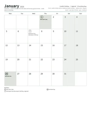 First page: Monthly calendar, A4 (12 pages)