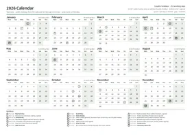 First page: Year calendar, A4 landscape