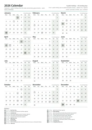 First page: Year calendar, A4 portrait