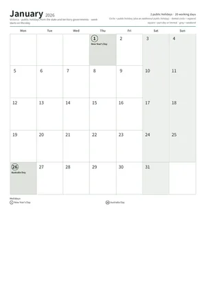 First page: Monthly calendar, A4 (12 pages)