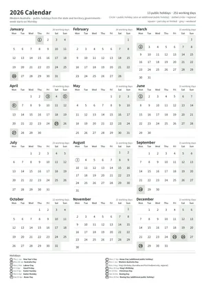 First page: Year calendar, A4 portrait