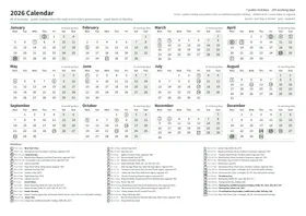 First page: Year calendar, A4 landscape