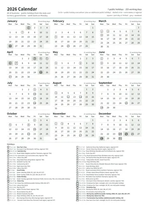 First page: Year calendar, A4 portrait