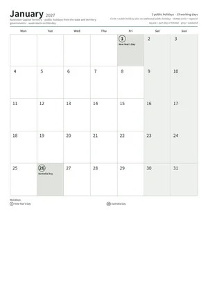 First page: Monthly calendar, A4 (12 pages)
