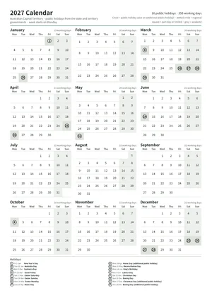 First page: Year calendar, A4 portrait