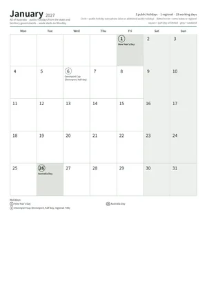 First page: Monthly calendar, A4 (12 pages)