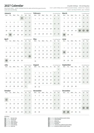 First page: Year calendar, A4 portrait