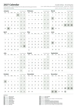 First page: Year calendar, A4 portrait