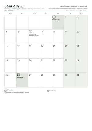 First page: Monthly calendar, A4 (12 pages)