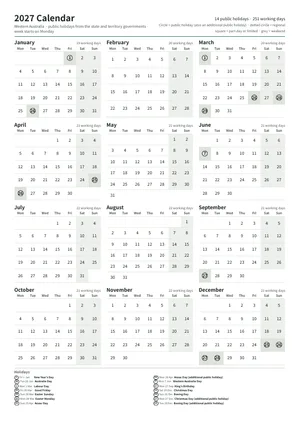 First page: Year calendar, A4 portrait