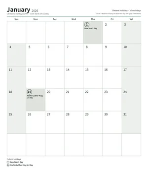 First page: Monthly calendar (12 pages)