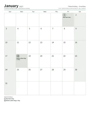 First page: Monthly calendar (12 pages)