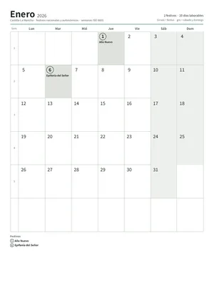 Primera página: Calendario mensual A4 (A4 vertical · 12 páginas · unos 95 KB)
