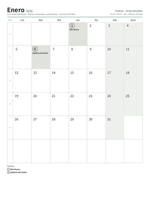 Primera página: Calendario mensual A4 (A4 vertical · 12 páginas · unos 95 KB)