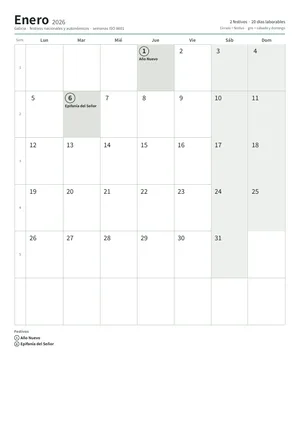 Primera página: Calendario mensual A4 (A4 vertical · 12 páginas · unos 95 KB)