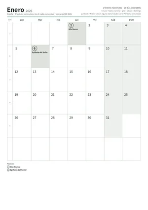 Primera página: Calendario mensual A4 (A4 vertical · 12 páginas · unos 223 KB)