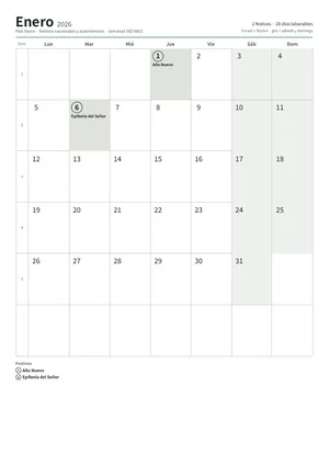 Primera página: Calendario mensual A4 (A4 vertical · 12 páginas · unos 95 KB)