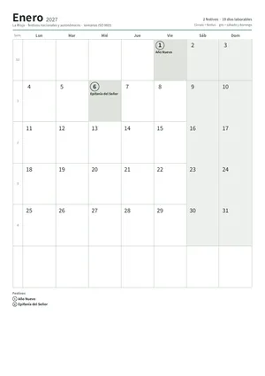 Primera página: Calendario mensual A4 (A4 vertical · 12 páginas · unos 94 KB)