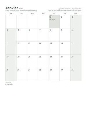 Première page : Calendrier mensuel, format Lettre (12 pages) (Lettre portrait · 12 pages · environ 100 ko)