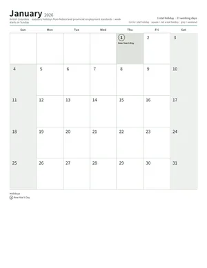 First page: Monthly calendar, Letter (12 pages)