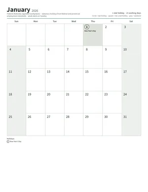 First page: Monthly calendar, Letter (12 pages)