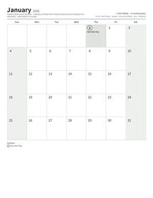 First page: Monthly calendar, Letter (12 pages)