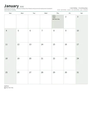 First page: Monthly calendar, Letter (12 pages)