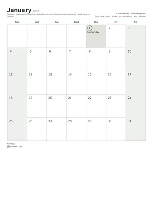 First page: Monthly calendar, Letter (12 pages)