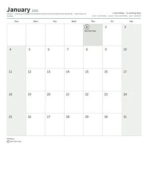First page: Monthly calendar, Letter (12 pages)