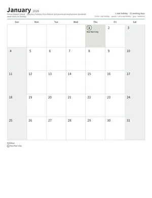 First page: Monthly calendar, Letter (12 pages)