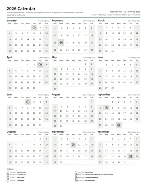 First page: Year calendar, Letter portrait