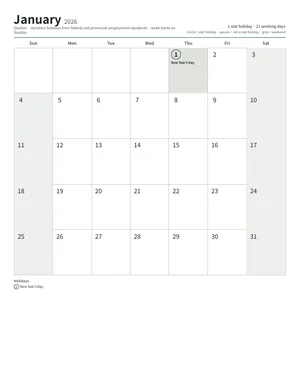 First page: Monthly calendar, Letter (12 pages)