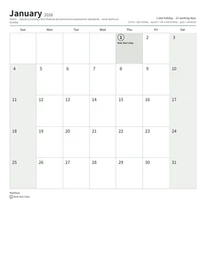 First page: Monthly calendar, Letter (12 pages)