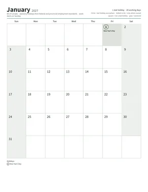 First page: Monthly calendar, Letter (12 pages)