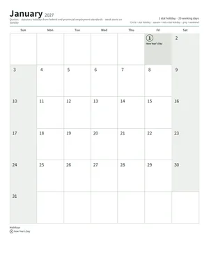 First page: Monthly calendar, Letter (12 pages)
