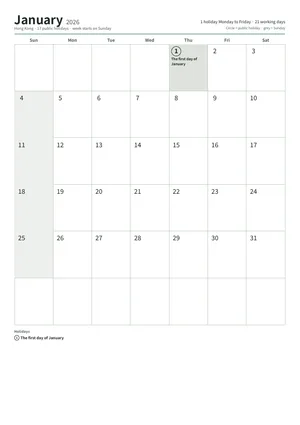 First page: Monthly calendar, A4 (12 pages)