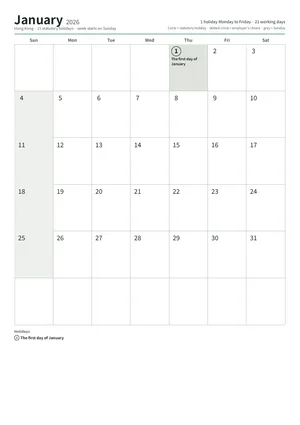 First page: Monthly calendar, A4 (12 pages)