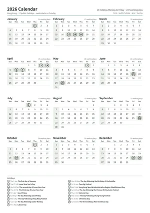 First page: Year calendar, A4 portrait