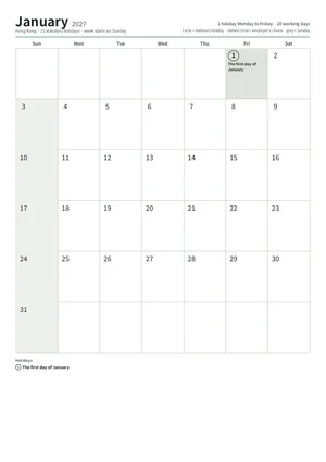 First page: Monthly calendar, A4 (12 pages)