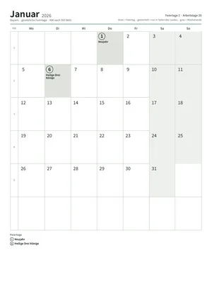 Erste Seite: Monatskalender, A4 Hochformat, 12 Seiten (ca. 104 KB)