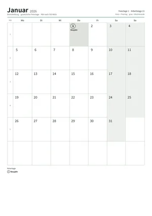 Erste Seite: Monatskalender, A4 Hochformat, 12 Seiten (ca. 92 KB)