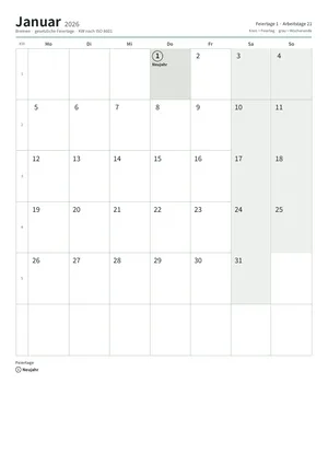 Erste Seite: Monatskalender, A4 Hochformat, 12 Seiten (ca. 89 KB)