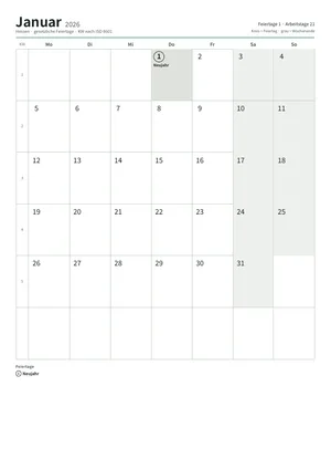 Erste Seite: Monatskalender, A4 Hochformat, 12 Seiten (ca. 89 KB)